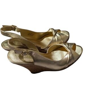Lilly Pulitzer Christine Gold Metallic Cork Wedge Slingback Sandals Women's Sz 8